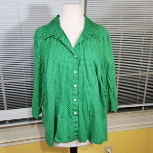 Lane Bryant $60 18/20 Green Polka Dot 3/4 Sleeve Collared Cotton Blend Button Up
